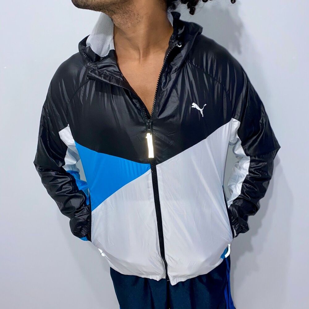 Puma Vintage Rare Faas Nylon Glanz Windbreaker Jacket Silver Blue Black Small